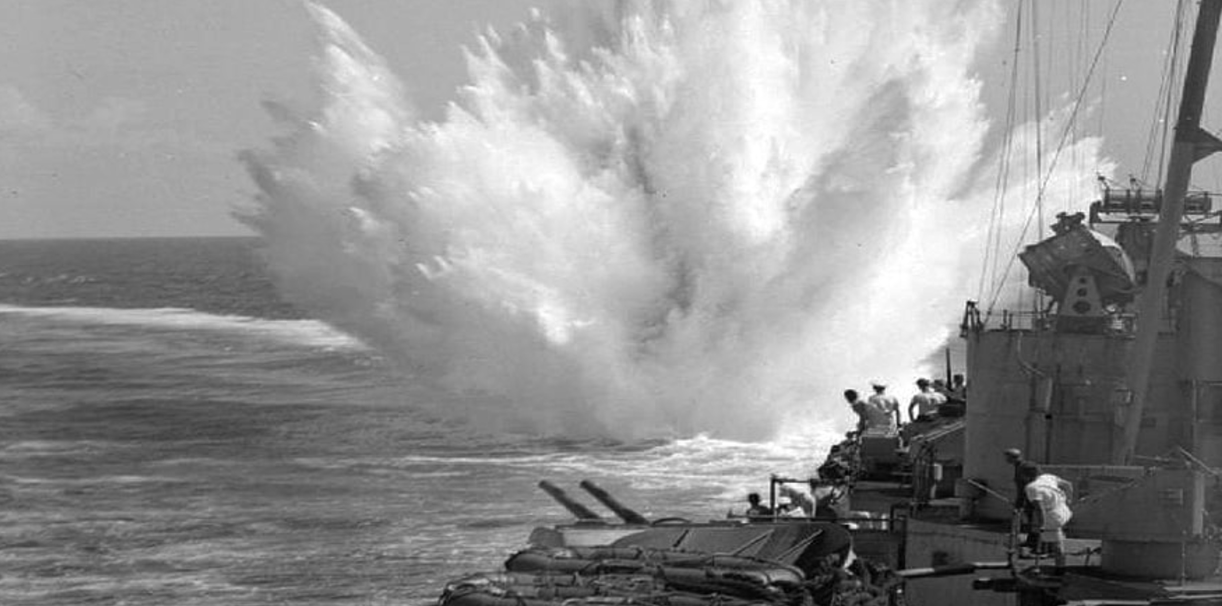 A depth charge explodes after it had been dropped from HMS Ceylon. 